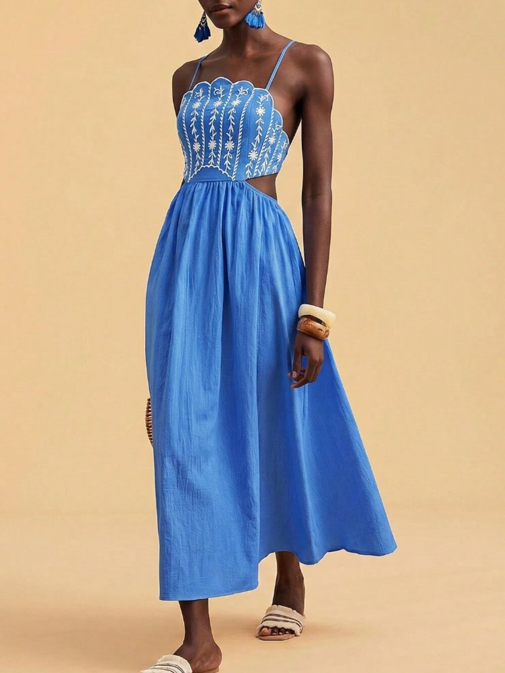 Royal Blue Boho Women's Floral Embroidered Elegant Backless Camisole Dress - Picture 3 of 7